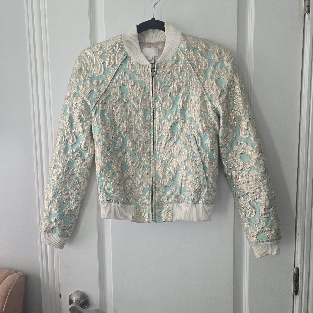 J. Crew Cream and Green Bomber Jacket with Quilted Texture
